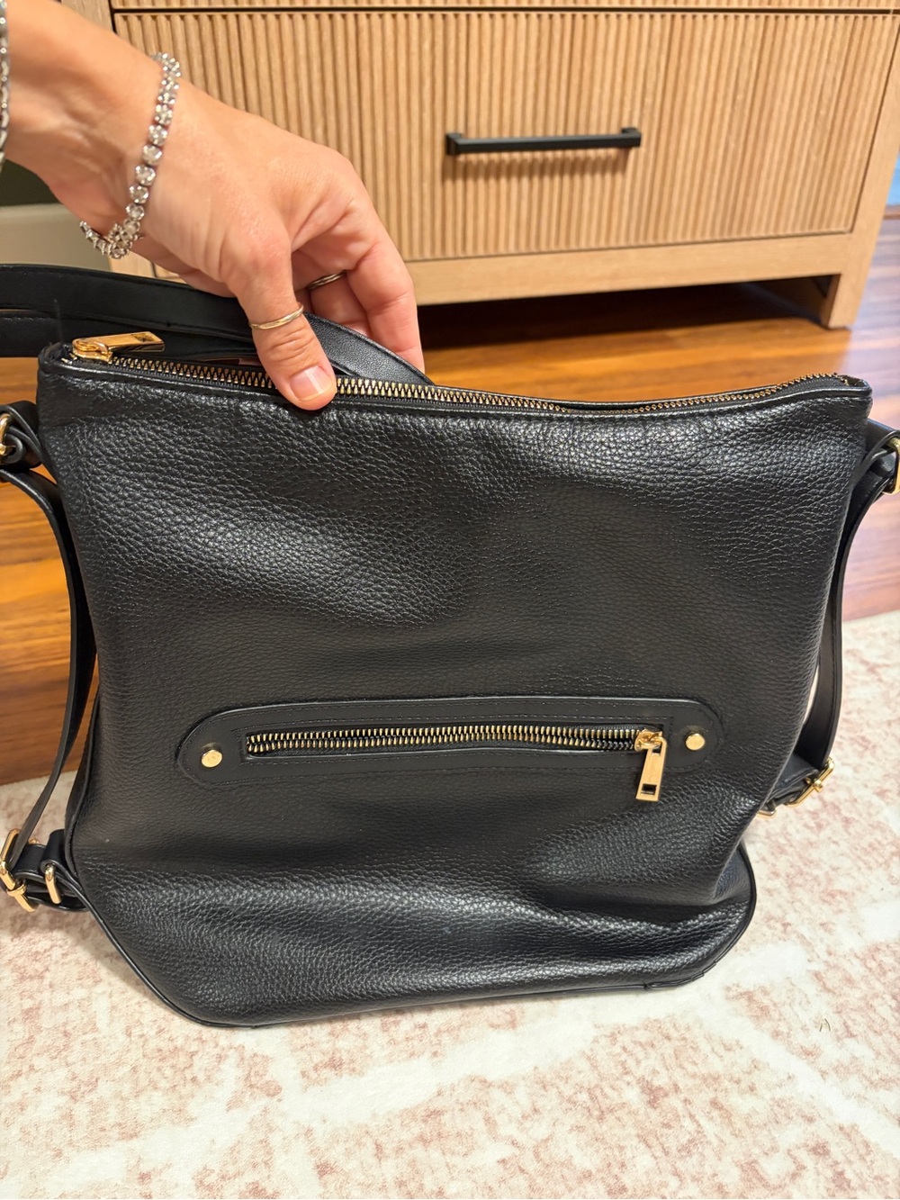 A New Day Black Pebbled Shoulder Bag with Gold Hardware